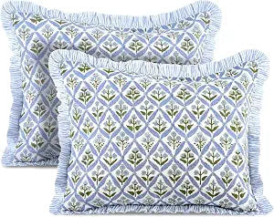 Ridhi Light Steel Blue 100% Cotton Block Print Ruffle Bed Sham Cover 20''26'' Boho Floral Pillowcase, Bedroom Decor, Cottagecore, Soft Decorative Cushion Cover Gift for Spring, Summer