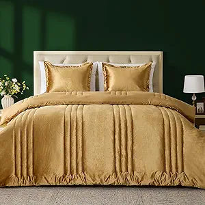 MUSSEL Velvet King Size Comforter Set 3 Pieces,Luxury Gold All Season Cozy Velvet Bedding Comforter Sets,Modern Striped Lightweight Fluffy Bedroom Sets