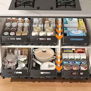 PureBox Pull Out Cabinet Organizer, Slide Out drawers for cabinets, Heavy Duty Carbon Steel Roll Out Shelves for kitchen, bathroom, pantry (14.7-23.1 Slide, Adhesive & Screw), Black (2)