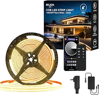 50FT COB LED Strip Light Outdoor Waterproof,15M Warm White 3000K Led Strip Lights Flexible 24V Remote & App Control Dimmable Led Tap Lighting for Room Bathroom,Kitchen ,Patio Garden ,Cabinet Shelf