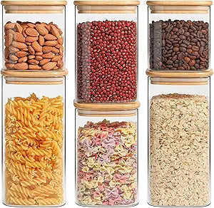 ComSaf Airtight Glass Storage Canister with Lids (0.7Qt/1.2Qt/1.6Qt) Set of 6, Food Storage Container Kitchen Pantry Storage Jar, Glass Jars for Flour Cereal Sugar Tea Coffee Beans Snacks, Square