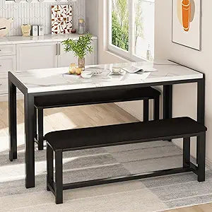 Recaceik Dinner Table for 4 Dining Room Table Set with PU Leather Upholstered Benches, Faux Marble Dining Table Set for 4-6, Premium Kitchen & Dining Table Set for Small Space, Restaurant (White)