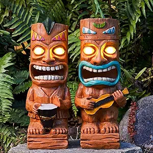 Suzile 2 Pcs Solar Tiki Statues for Outdoor Decor 9.84 Inch Tiki Bar Decorations Statues with Flickering Eyes LED Light Solar Sculpture Decor for Bar Lawn Yard Garden Gifts