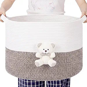 LemonRoad Extra Large Basket 20"x14", Woven Baby Laundry Blanket Basket Toy Box with Handle Storage, Blanket Storage for Living Room Nursery Pillows Chest(Cotton Rope,White Bear,Brown)