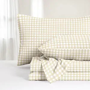 Wake In Cloud - Gingham Bed Sheets, 4-Piece Sheet Set, Plaid Checkered Check Pattern Printed Cute Preppy College Dorm Bedding, Deep Pocket, Beige, Queen Size