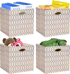 Posprica Storage Bins, Storage Cubes,1313 Fabric Drawers Organizer Basket Boxes Containers (131313/4pcs, Cream/gold geometry Pattern)