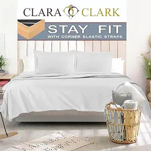 Clara Clark 1800 Series Bed Sheet Sets - Stay fit on Mattress with Elastic Straps at Corners - King, Silver Light Gray