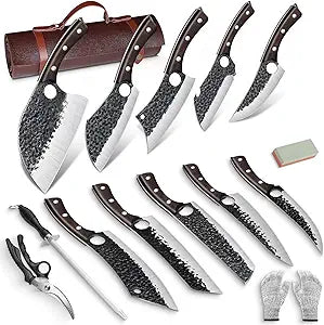 DRGSKL Serbian Chef Knife Set - 10 PCS Hand Forged Butcher Knife Set with Bag - High Carbon Steel Kitchen Knives - Meat Cleaver Viking Boning Knives for Brisket Trimming - Gifts for Men and Women
