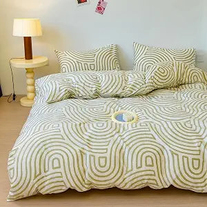 LIWHENHAO Abstract Duvet Cover Set Twin 100% Cotton Bedding Yellow Green Curve on White 1 Striped Geometric Comforter Cover Zipper Closure 2 Pillowcases for Kids Girls Boys