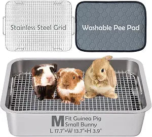 MEEXPAWS Guinea Pig Stainless Steel Litter Box with Raised Grid and Washable Pad,Small Bunny Rabbit Litter Pan High Side, Ferret Rat Litter Box, Small Animal Toilet Potty Tray Easy Clean,Less Stink