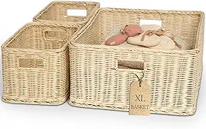 BEBE BASK Handwoven Rattan Wicker Basket Set of 3 (17  13  7 in)  Wicker Baskets For Organizing, Woven Basket, Wicker Storage Baskets For Shelves, Home, Nursery & Toy Storage