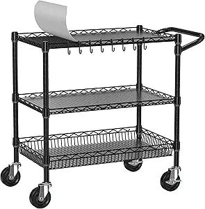 Folews Heavy Duty Rolling Cart with Wheels, 3 Tier Commercial Grade Utility Cart, Metal Storage Organizer Trolley with Handle Bar & Shelf Liner for Pantry, Laundry Room & Household Supplies, Black