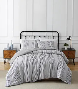 TRULY SOFT Kiel Stripe Flannel Grey Cotton 3-Piece Full/Queen Duvet Set, Stripes Themed, for Men and Women, Oeko-TEX Certified Confidence