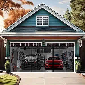 Premium Garage Door Screen for 2 Car Garage 18x7ft, Durable Heavy Duty Fiberglass Screen Mesh with Hook & Loop Tapes, Strips, Doors Screen with Powerful Magnets, Easy Assembly (18x7, Black)