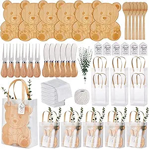 55Pcs Baby Shower Prizes for Game Winners 6 Sets Bear Shaped Cheese Board Gift with Spoons Butter Spreaders Gift Bags Kitchen Towels Bridal Shower Party Favors for Guests (Bear Shaped, 6 Sets)