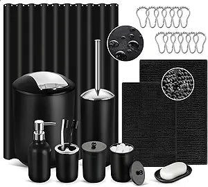 Black Bathroom Accessories Set, 22Pcs Bathroom Sets with Shower Curtain and Rugs, Bathroom Accessories Sets Complete with Trash Can, Non-Slip Bathroom Rugs Super Absorbent