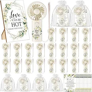 24 Set Wedding Mini Fans for Guests Portable Handheld Fans Thank You Cards Organza Bags with 1 Pcs Love Is Hot Wooden Table Sign Bridal Shower Favors for Summer Wedding Outdoor(White Rose)