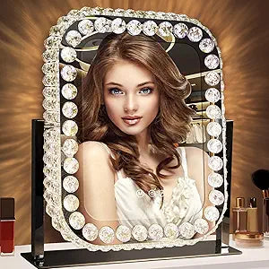 Hollywood Crystal Vanity Mirror with Lights 3 Color Changing Dimmable 360 Rotation Diamond Rectangle Large Crystal Lighted Makeup Mirror for Tabletop Desk Makeup Vanity Mirror with Lights
