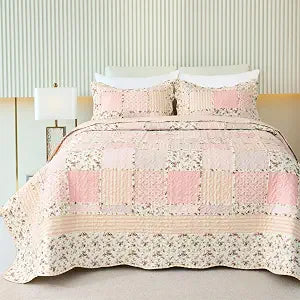 Cmfshape Garden Floral Quilt Bedspread Twin Size, Patchwork Pink Quilt Set with 1 Pillow Sham,Summer Bedding Set for Girls Women,Soft Lightweight Bed Coverlet for All Seasons(Twin68x86 Pink&Yellow)