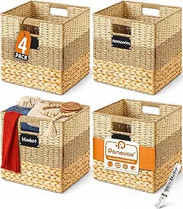 Storage Basket, 13x13x13 Inch Storage Cubes, Water Hyacinth Wicker Basket for Storage, Handmade Woven Baskets for Organizing, Set of 4 Wicker Storage Baskets for Shelves
