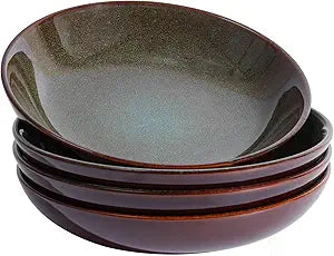 Pokini 8.75 Inch Large Ceramic Pasta Bowls, 32 Oz Reactive Glaze Stoneware Pasta Serving Bowls Set of 4 for Kitchen, Wide Bowls for Fruit,Pasta,Salad,Soup, Scratch Resistant-Brown and Green