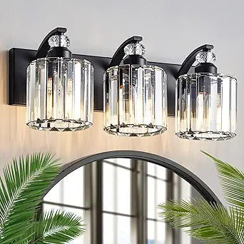 3-Light Black Bathroom Light Fixture Modern Vanity Lights Over Mirror Vintage Wall Sconce Lighting for Bathroom, Bedroom, Living Room, Hallway E26 Base with Crystal Bathroom Vanity Light