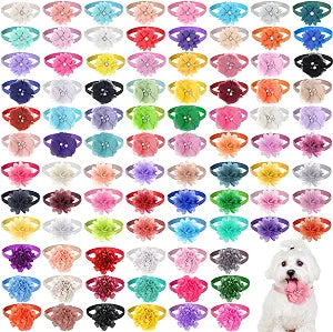 Reginary 100 Pcs Dog Collar Flowers Bulk, Floral Adjustable Pet Bowties, Multicolor Puppy Collar Chrams, Pet Grooming Accessories for Wedding Birthday Holiday Summer Party