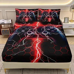 AILONEN Red Black Gaming Bed Sheet Set,Boys Twin XL Size Gamepad Video Game Bedding Set,Soft Lightweight 3 Pieces, 1 Fitted Sheet with 2 Pillowcases