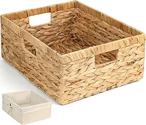 Wicker Shelf Storage Baskets for Organizing - Natural Water Hyacinth Woven Basket Organizers & Storage for Shelves w/Handles & Cotton Liner for Home & Pantry Decor Organization, Large 15 x 12 x 6