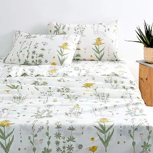 Wake In Cloud - Botanical Bed Sheets, 100% Cotton, 4-Piece Sheet Set, Cute Floral Shabby Chic Cottagecore Coquette Flower Aesthetic Bedding, Deep Pocket, Yellow Green, Queen Size