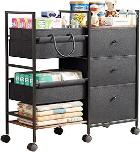 2-in-1 Baby Diaper Caddy Organizer and Storage-3 Tier Rolling Baby Cart with Dividers and Drawers, Baby Essentials for Nursery Storage, Mobile Utility Cart with Wheels Large Capacity Easy To Assemble