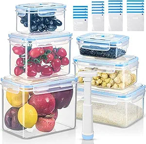 LemonRoad 33 Piece Vacuum Seal Storage Food Containers with Lids (6Containers&6 Lids&20 Sealable Bags&1 Hand Vacuum Pump), Meal Prep Containers with Lid, Airtight and Leak Proof(Blue)