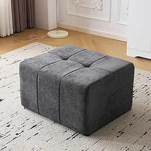 Square Stuffed Pouf Ottoman,Chenille Poufs with Foam Chunk Filling, 27.9 X 16.1 Floor Poufs for Sofa,Accent Foot Rest Stool for Living Room, Grey