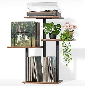 Bikoney Botanical Record Player Stand,Vinyl Record Storage Holder with Plant Stand, Vintage Turntable Stand Table with Record Album Display Shelf,Unique Record Console Cabinet,Mid Century Modern Wood