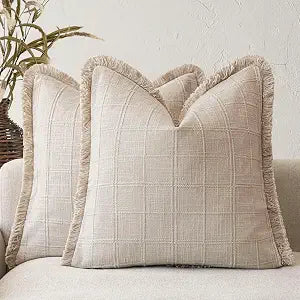 Foindtower Set of 2 Decorative Linen Check Fringe Throw Pillow Covers Farmhouse Vintage Cushion Covers Modern Boho Home Decor for Sofa Chair Couch Bedroom Living Room Outdoor,2424 Inch,Natural Linen
