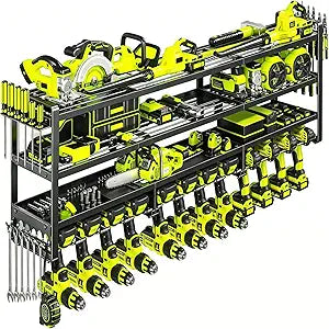 49" Heavy Duty Wall Mount Power Tool Organizer, 4-Tier Storage Rack with 12 Drill Holders & Battery Shelves, 600LBS Capacity for Garage Workshop