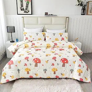 SDIII Mushroom Comforter Set Queen 3 Pieces, Soft Microfiber Lightweight Mushroom Bedding Set Queen, Cottagecore Comforter for Boys Girls Kids Teens