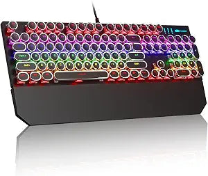 MageGee Typewriter Mechanical Gaming Keyboard, Retro Black Punk Round Keycaps RGB Rainbow Backlit Wired Keyboards for Laptop MAC PC Gamer, with Magnetic Wrist Rest - Blue Switch