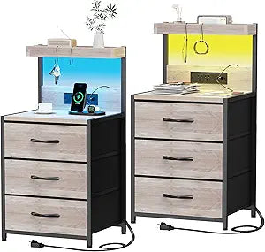 SZLHANJZ Night Stand Set 2 with LED Lights for Bedroom, Bedside Nightstands with Power Outlet and Type C Port, Matching Tables with 3 Fabric Drawers, Hooks, and Shelves, Greige