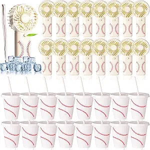 Potchen 32 Pcs Softball Baseball Mini Handheld Fans Bulk and 16oz Plastic Tumbler with Lid and Straw 16 Small Portable Fans 16 Cups for Team Gifts Softball Baseball Party Favor(White,Classic Style)