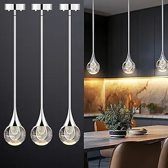 3-Pendant Lights Kitchen Island, Silver Crystal Globe Ceiling Hanging Light Fxitures, LED Light Fixtures Metal Rod Ceiling Glass Pendant Lighting for Kitchen Island Dining Room Bar