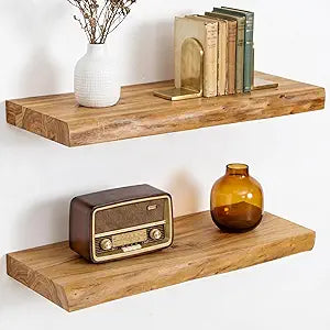 Dreamland 18 Inch Long Floating Shelves Set of 2, Rustic Solid Elm Wood Live Edge Floating Shelf Wall Mounted, 8 Inch Deep Wall Shelves with Invisible Bracket for Living Room Bathroom Kitchen, Natural