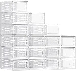 SONGMICS Shoe Boxes, Pack of 18 Shoe Storage Organizers, Stackable Clear Plastic Boxes for Closet, Sneakers, 13.1 x 9.1 x 5.6 Inches, Transparent and White ULSP18SWT