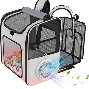 Cat Backpack Carrier with Cooling Fan & Heating Pad, Expandable & Breathable Pet Backpack for Cats & Small Dogs, Travel Carrier for Hiking, Vet Visits, Grey