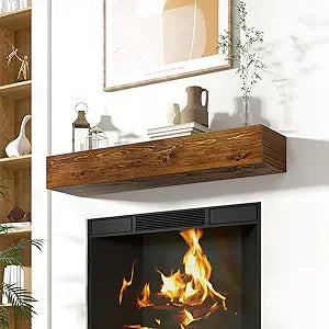 Acovy Floating Fireplace Mantel Shelves, 48x8x5 Inches Natural Wooden Floating Shelf for Over Fireplace, Wall-Mounted Mantel Shelf for Living Room and Home Decor, Rustic Traditional