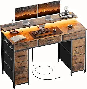 HLDIRECT 47 inch Computer Desk with 8 Storage Drawers, Gaming Desk with LED Lights & USB Power Outlets, Home Office Table with Monitor Stand, Study Writing Work Table for Bedroom, Rustic Brown