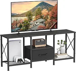 JARHETUN TV Stand with Fabric Drawer, Entertainment Center for 50 55 Inch TV, Industrial TV Console Table with Open Storage Shelves for Living Room, Bedroom, Black
