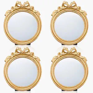 Threehoney 4 Pack Small Vintage Wall Mirror 4.1" Gold Bow Desk Mirror Decorative Round Makeup Mirrors with Resin Frame for Bedroom, Bathroom, Table Decoration