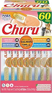 INABA Salmon Churu Cat Treats, Lickable, Squeezable Creamy Pure Cat Treat with Green Tea Extract & Taurine, 0.5 Ounces Each Tube, 60 Tubes, Salmon Variety Box