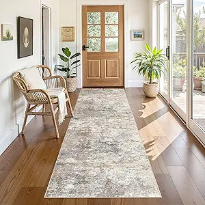 UERMEI 3x8 Washable Runner Rug for Hallway, Non Slip Low Pile Kitchen Carpet, Neutral Modern Abstract Indoor Floor Mat for Entryway Laundry, Kid & Pet Safe High Traffic Area, Brown Grey